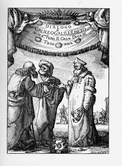 Frontispis dialogu o dvou hlavních světových systémech od Galileo Galilei, 1632 od Stefano della Bella