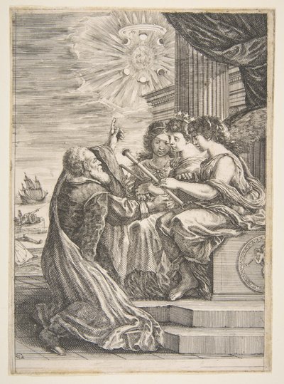 Galileo a personifikace astronomie, perspektivy a matematiky, frontispis pro 