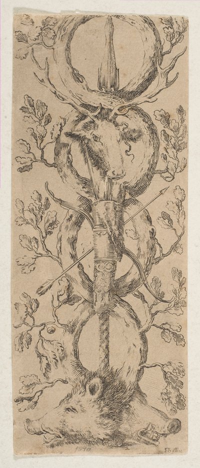 Hlavy jelena a dva kanci v Rinceaux of Oak Branches, ca. 1653. od Stefano della Bella