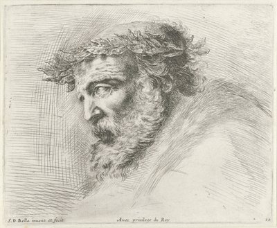 Hlava starého muže s plnovousem a vavřínovým věncem z profilu vlevo Základy kreslení (název série) I principii del disegno (název série) od Stefano della Bella