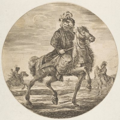 Maďarský jezdec jedoucí vpravo, další jezdci v pozadí, cirku..., ca. 1651. od Stefano della Bella