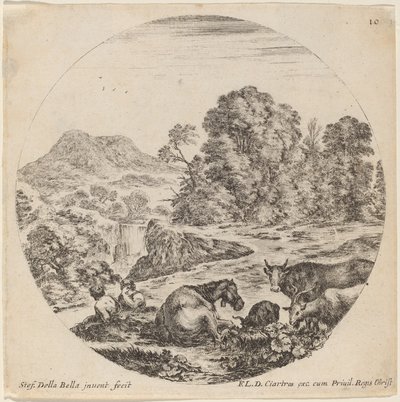 Krajina se zvířaty a dvěma sedícími pastýři, 1646. od Stefano della Bella