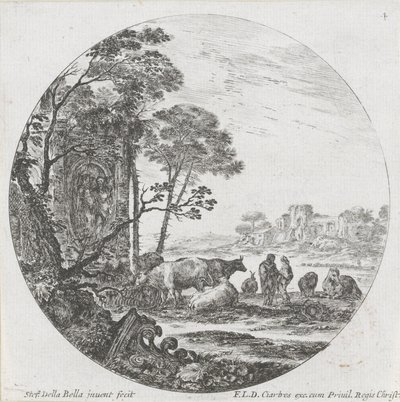 Krajina se stádem a korintským hlavním městem Krajiny a ruiny v Římě (název série) Paysages et ruines de Rome (název série) od Stefano della Bella