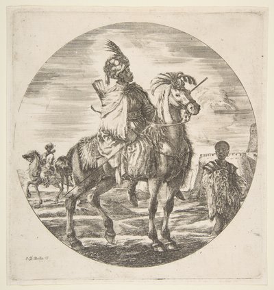 Maurský jezdec z profilu vpravo, černý otrok držící kožešinu vpravo, jiný..., ca. 1651. od Stefano della Bella