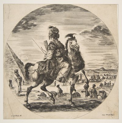 Maurský jezdec z profilu vpravo, v pozadí vlevo pyramida, mnoho fi..., ca. 1651. od Stefano della Bella