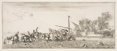 Námořní bitva, veslice plná lidí bojujících s mušketami nalevo, lidé se topí..., ca. 1641. od Stefano della Bella