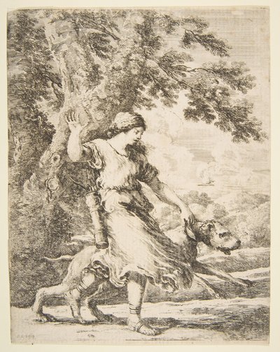 Nymfa drží velkého psa za obojek, ca. 1654. od Stefano della Bella