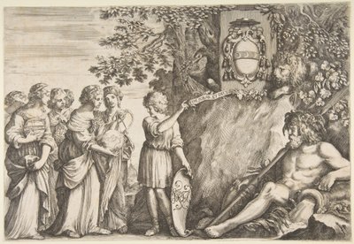 Návrh ornamentu pro diplomovou práci, nahoře erb Strozzi, ca. 1660. od Stefano della Bella