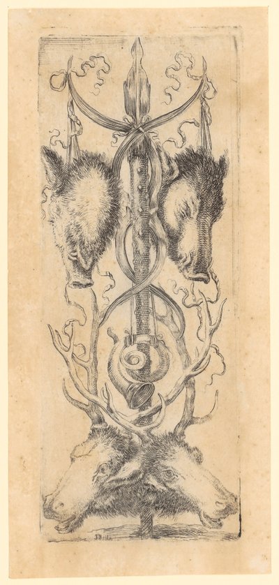 Ornamentální panel se dvěma hlavami kanců nahoře, dvěma jeleními hlavami dole a rohem uprostřed, list 8 ze série „Ornamenty nebo grotesky“ od Stefano della Bella