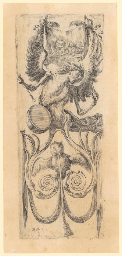 Panel s bubnující Smrtí, dole sova držící v zobáku provaz od zvonu, list 12 ze série „Ornamenty nebo grotesky“ od Stefano della Bella