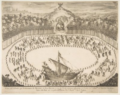 Průvodní plovák v podobě lodi, nahoře erb velkovévody z Modeny, 1652. od Stefano della Bella