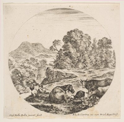 Talíř 10: kůň ležící uprostřed, kráva a dvě kozy vpravo, dva sedící ovčák..., ca. 1646. od Stefano della Bella