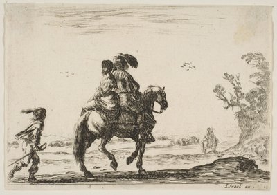 Deska 10: jezdec a žena, při pohledu zezadu, jedoucí vpravo s mladým ..., 1642. od Stefano della Bella