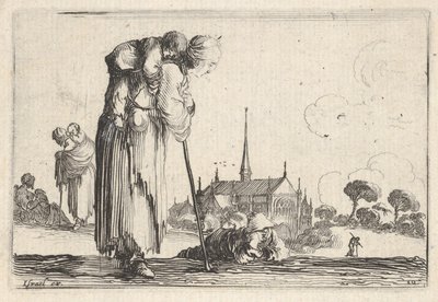 Talíř 10: selka otočená doprava s dítětem na zádech, chlapec lyi..., ca. 1642. od Stefano della Bella