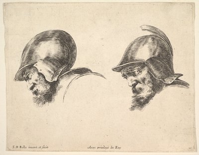 Talíř 10: dvě hlavy starých vojáků s přilbami, obě hledící doleva a dívající se dolů..., ca. 1641. od Stefano della Bella