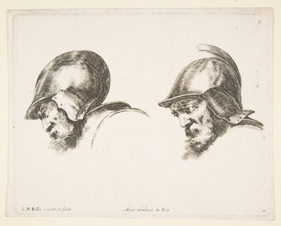 Talíř 10: dvě hlavy starých vojáků s přilbami, obě hledící doleva a dívající se dolů..., ca. 1641. od Stefano della Bella