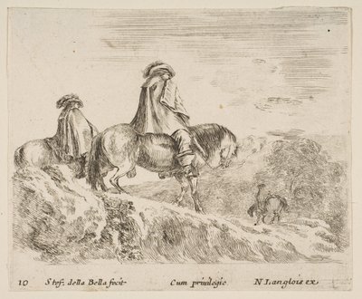 Deska 10: dva jezdci sestupující z hory vlevo, další jezdec vpravo v ..., ca. 1644-47. od Stefano della Bella