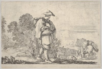 Talíř 11: rolník s kloboukem uprostřed, kráčí doprava, sestup koně..., ca. 1641. od Stefano della Bella