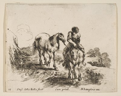 Talíř 11: mladý jezdec, viděný zepředu, vede jiného koně, od Diver..., ca. 1644-47. od Stefano della Bella