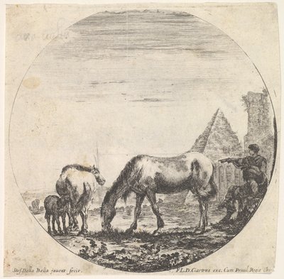 Deska 11: pyramida Caia Cestia vpravo v pozadí, pasoucí se kůň ..., ca. 1643-48. od Stefano della Bella