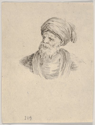 Tabule 12: Busta starého tureckého muže v turbanu, hledícího doleva, z díla „Různé hlavy a postavy“ od Stefano della Bella