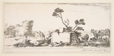 Talíř 12: sedící kreslíř vlevo, stojící pastýř vedle něj vpravo, ruina..., ca. 1641. od Stefano della Bella
