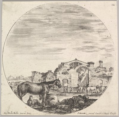Talíř 12: ovčák spí na zemi vpravo, tři koně vlevo, další h..., ca. 1643-48. od Stefano della Bella