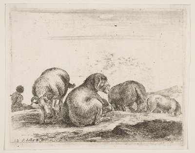 Talíř 12: ovce a beran na pastvě, od Různá zvířata Diversi animali, ca. 1641. od Stefano della Bella