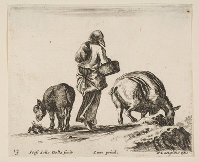 Talíř 13: selka, při pohledu zezadu, držící košík uprostřed, osel..., ca. 1644-47. od Stefano della Bella