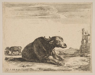 Talíř 13: buvol vleže, od Různá zvířata Diversi animali, ca. 1641. od Stefano della Bella