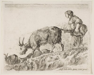 Deska 14: pastýřka pasoucí kozy, z Různá zvířata Diversi animali, ca. 1641. od Stefano della Bella