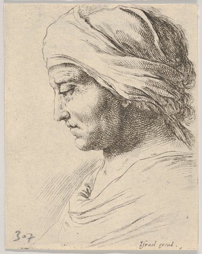 Deska 16: hlava starého muže z profilu s látkou uvázanou kolem hlavy, z B..., ca. 1649. od Stefano della Bella