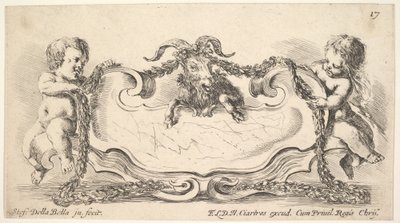 Deska 17: kartuše s mramorovým středem, dítě po obou stranách držící girlandu ove..., 1646. od Stefano della Bella