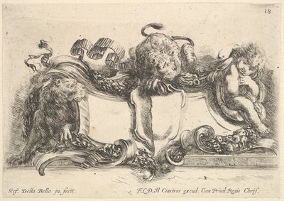 Deska 18: kartuše obsahující prázdný hřeben, dvě lvice, jedna vlevo a jedna v cen..., 1646. od Stefano della Bella