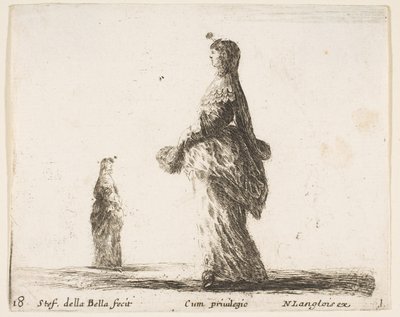 Deska 18: šlechtična kráčející vlevo s opeřeným vějířem, další žena..., ca. 1644-47. od Stefano della Bella