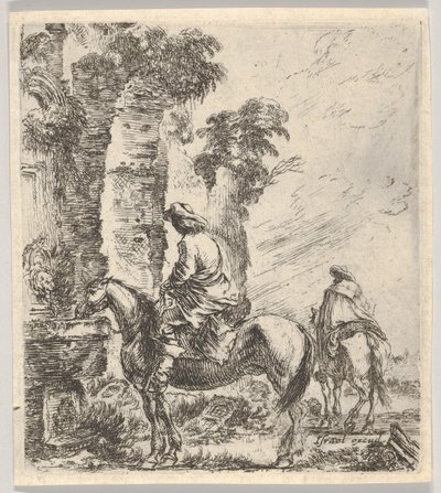 Talíř 19: jezdec, který dává svému koni pít z umyvadla fontány vlevo, další h..., ca. 1646. od Stefano della Bella