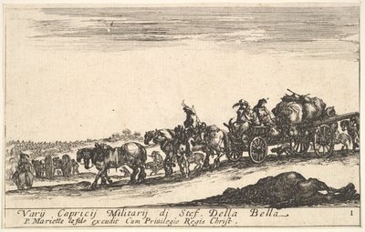 Talíř 1: Povoz tažený koňmi vezoucí lidi a zboží, mrtvý kůň v popředí, f..., ca. 1641. od Stefano della Bella