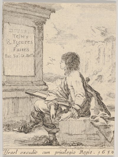 Deska 1: Mladý muž sedící na kameni, z profilu obrácený doleva, držící kreslící blok v ..., 1650. od Stefano della Bella