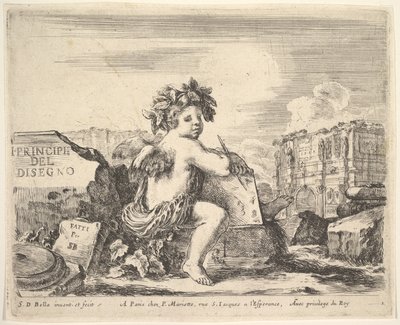 Deska 1: génius kresby, dítě s křídly, sedící na skále uprostřed otočené ..., ca. 1641. od Stefano della Bella