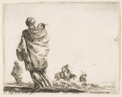 Talíř 21: chudá žena vlevo, při pohledu zezadu, zahalující své dítě do šátku..., ca. 1644-47. od Stefano della Bella