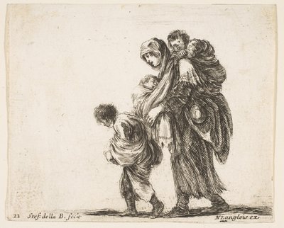 Talíř 22: žebračka se třemi dětmi, jedno dítě na ramenou, jedno dítě..., ca. 1644-47. od Stefano della Bella