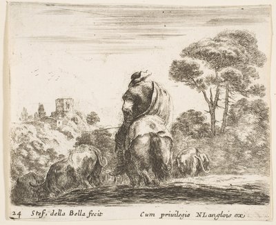 Talíř 24: pastevec na koni, viděno zezadu, vede svůj dobytek dolů z kopce, ..., ca. 1644-47. od Stefano della Bella