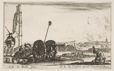 Talíř 2: Dělo nalevo, město v pozadí, z Various Military Capric..., ca. 1641. od Stefano della Bella