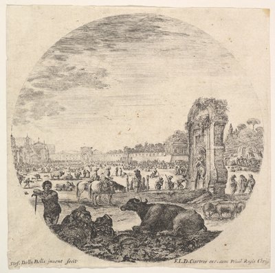 Talíř 2: Campo Vaccino, buvol a dva pastýři uprostřed, Fontanone na plošinu..., ca. 1643-48. od Stefano della Bella
