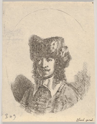 Deska 2: hlava muže s knírem a kožešinovou čepicí obrácenou doleva, oválná kompozice, z..., 1650. od Stefano della Bella