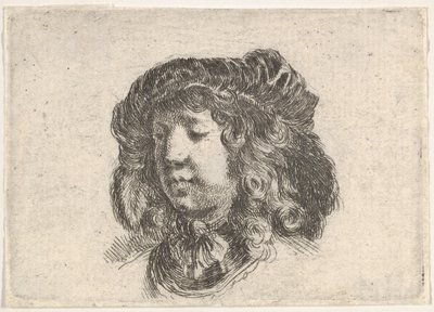 Talíř 34: hlava mladého muže v čepici zdobené několika pery, otočená ze tří čtvrtin..., ca. 1646. od Stefano della Bella