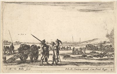 Talíř 3: Důstojník dává rozkazy vojákovi uprostřed popředí, dělo vlevo, od..., ca. 1641. od Stefano della Bella