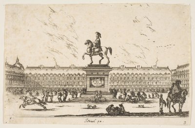 Deska 3: La Place Royale, jezdecká socha Ludvíka XIII. z profilu obrácená doleva v ce..., 1642. od Stefano della Bella