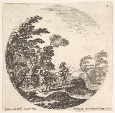 Deska 3: vichřice v lese, dva jezdci zahalení do svých plášťů, vítr je bl..., ca. 1643-48. od Stefano della Bella