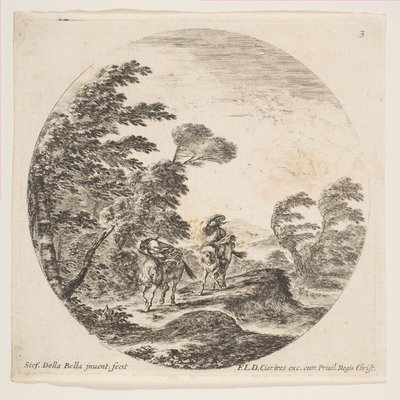 Talíř 3: vichřice v lese, dva jezdci zahalení do svých plášťů, vítr fouká..., ca. 1646. od Stefano della Bella